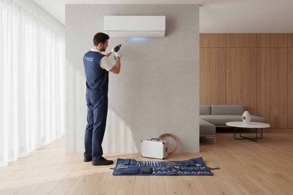 A professional installer in a neat uniform setting up a sleek air conditioning unit in a stylish, minimalist home. The scene conveys precision and expertise, with neatly organised tools and a softly lit space featuring subtle wood and stone textures. Clean, confident and reassuring.