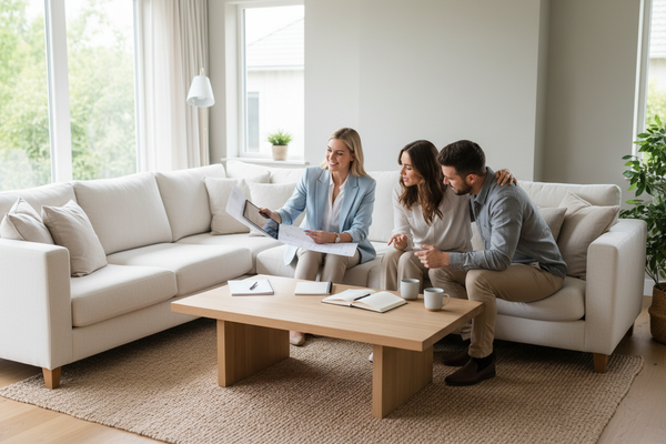 A warm, inviting consultation scene in a bright modern living room with neutral tones and oak accents. A smiling expert sits across from a couple, showing plans and discussing their home energy needs. Natural light floods the room, with soft shadows and a calm, premium feel